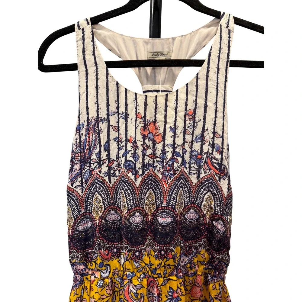 NWT Lucky Brand Sz S Mustard Paisley Eclectic Cottage Boho Racerback Maxi Dress - Picture 3 of 10